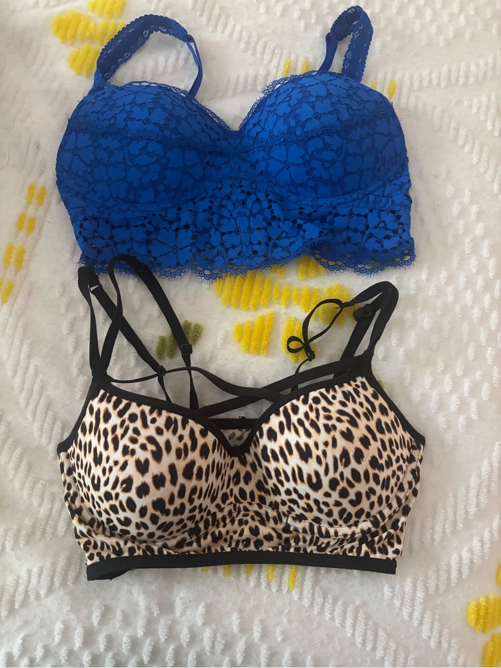 PINK Victoria's Secret Blue Lace Bralette & Leopard Strappy Bra Set